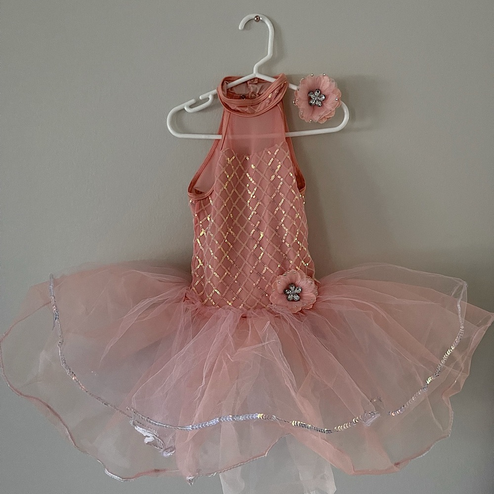 weissman pink, one piece with tutu, sequin and sheer costume girls size SC